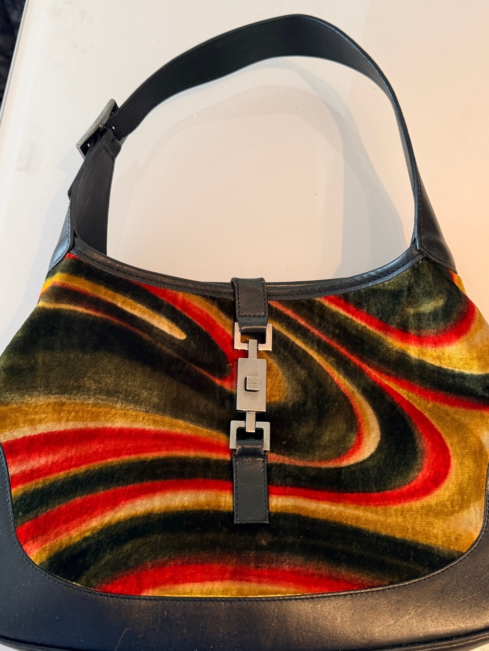 Gucci Multicolor Velvet Shoulder Bag with Black Leather Trim